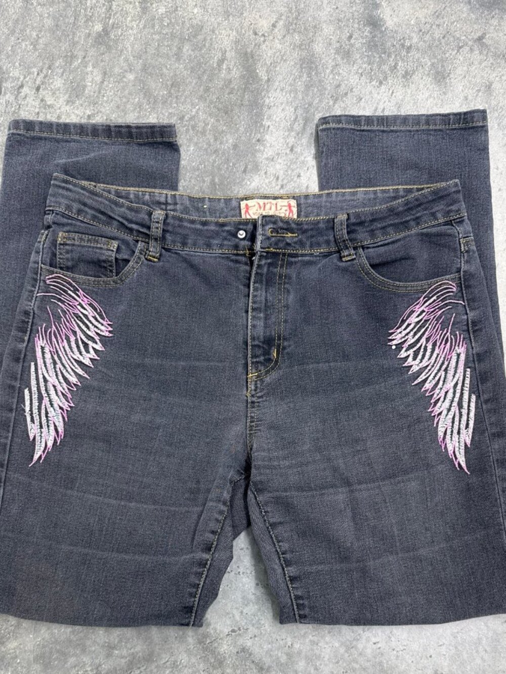 MTL jeans straight leg grey embroidered angel wing jeans 13/14